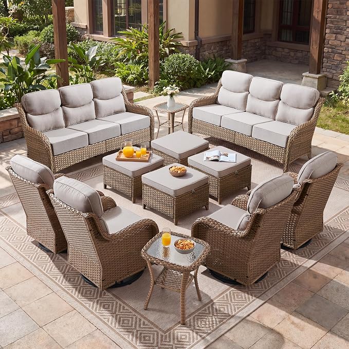 Luxury High Back Patio Furniture Set with 6-Inch Thick Cushions, 12-Pieces Outdoor Furniture with Swivel Chairs, Wicker Conversation Set for Porch, Balcony, Deck and Yard, Yellow/Beige