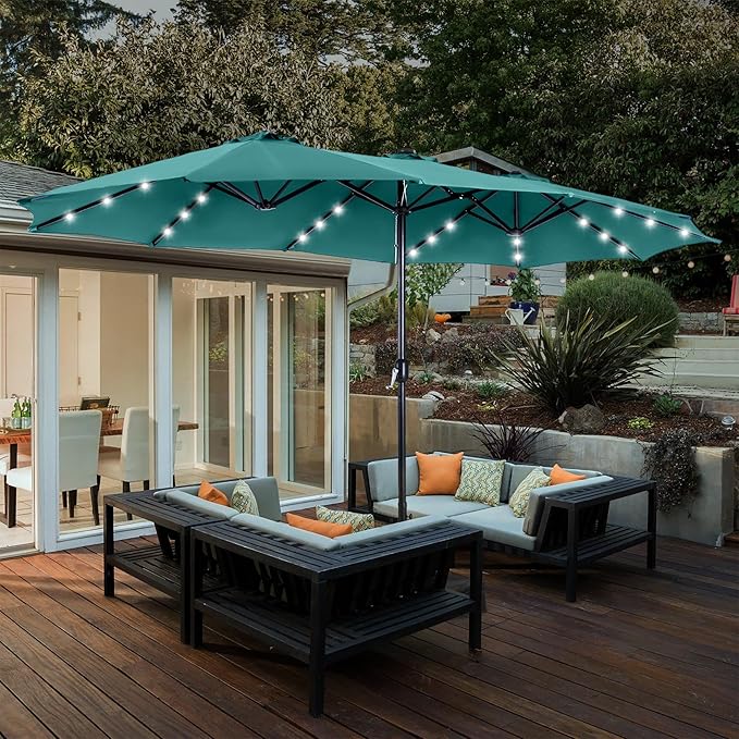 HERA'S PALACE 15ft Patio Umbrella with Base Included Double Sided Outdoor Umbrella for Patio Table Umbrella Outdoor 36 LED Solar Lights for Garden