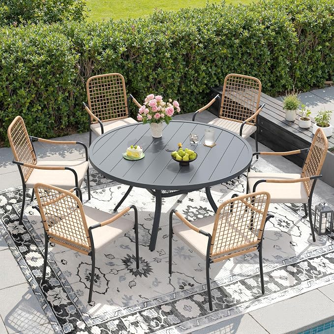 DIFY 7 Pieces Outdoor Dining Set for 6, 47.2" Round Dining Table with Umbrella Hole & Wicker Stackable Patio Chairs with Cushions, Metal Patio Table and Chairs Set for Backyard Porch Garden, Grey