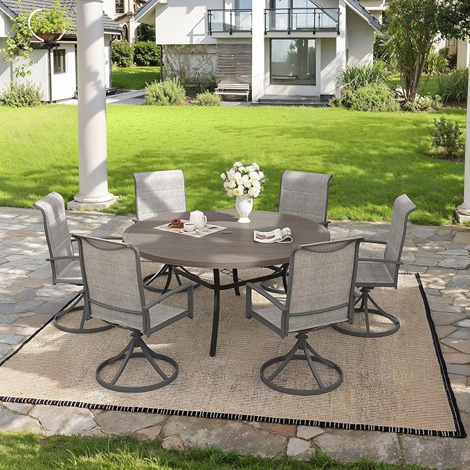 VICLLAX 7 Pieces Outdoor Dining Set, Patio Furniture Set Includes 50" Round Metal Table W/ 1.9" Umbrella Hole and 6 Padded Textilene Swivel Chairs for Porch, Lawn, Garden, Backyard