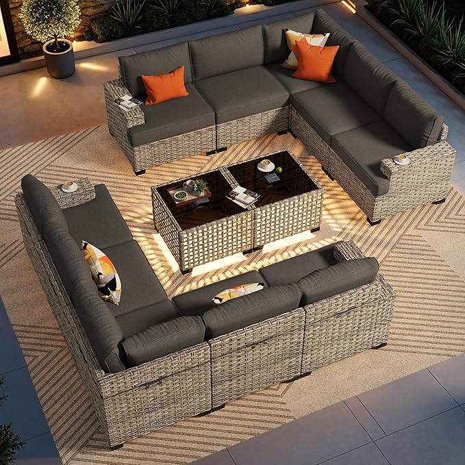 Patio Furniture Sets 12 Pieces Outdoor Sectional Rattan Sofa Manual Weaving Wicker Patio Conversation Set with Ottomans and T Cushion(Black)