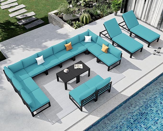 NICESOUL 14 Person Modern Aluminum Outdoor Patio Furniture Set with Chaise & Side Table, 29" Wide Deep Seating, Water Resistant Modular Sectional Couch, Oversized Conversation Set for Poolside, Teal