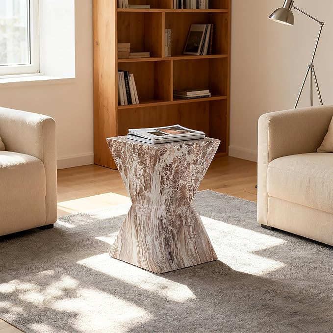 Faux Terrazzo Tree Stump Stool Table, Modern Cement Outdoor Side Table for Patio & Garden, Round Accent Table Indoor and Outdoor, Marble