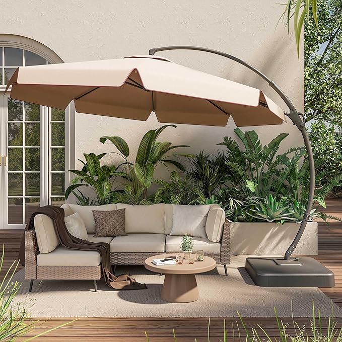 EO Living 11FT Cantilever Patio Umbrella with Base, 360° Rotation Offset Outdoor Umbrella, Heavy Duty Rust-Resistant, UV Protection Waterproof Shade for Backyard, Pool, Garden, Deck (Beige)