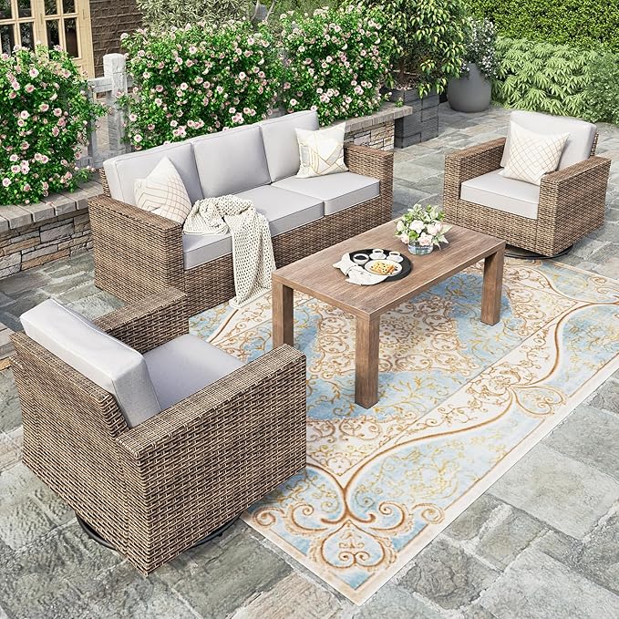 HERA'S HOUSE Patio Furniture Conversation Set, Outdoor Swivel Glide Wicker Chairs with 4.92" Widened Armrest, 4 Pieces Deep Seating Yellow Rattan Sofa with 5.5" Gray Cushions for Deck Garden Yard