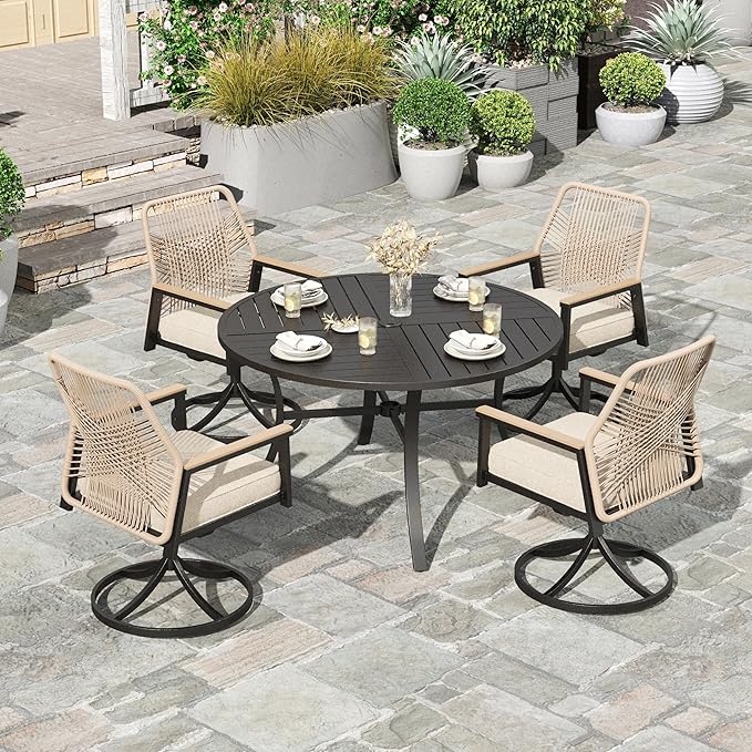 HERA'S HOUSE 5pc Patio Dining Set, 42" Round Table & Swivel Rattan Chairs | Metal table with umbrella hole, cushioned chairs. Waterproof, rust-resistant, all-weather for backyard, porch.