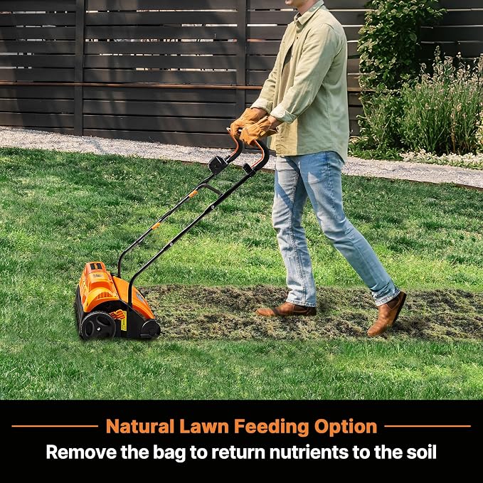 LawnMaster 48V MAX Brushless 16” 2-in-1 Cordless Dethatcher and Scarifier with Removable Thatch Collection Bag Quick-Fold – CLGVB4816
