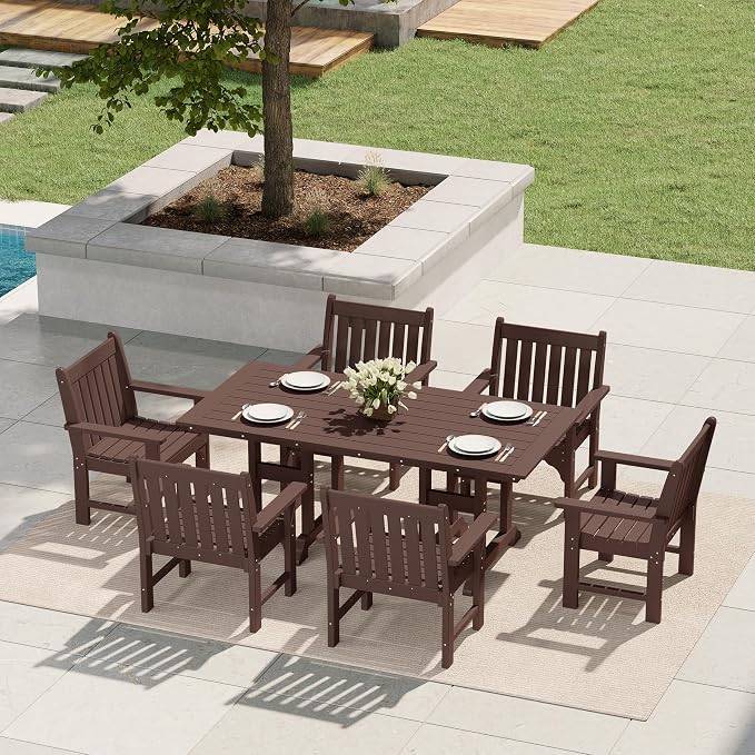 Costaelm Rectangle Outdoor Dining Tables, 71'' Patio Table with Umbrella Hole for 6 Person, Balcony Outdoor Buffet Table, Porch Tables for Outside Lawn Porch Bistro Furniture, Dark Brown