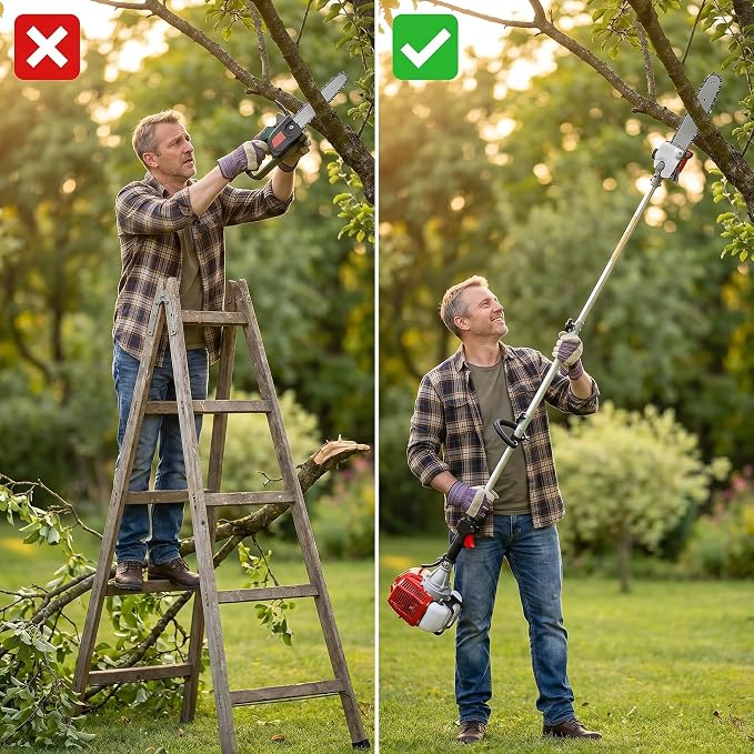 Homdox 58CC Gas Pole Saw, 2-Cycle Gas Powered Tree Trimmer with 11.5" Guide Bar, 16FT Reach Extension Pole Saw for Tree Trimming & Pruning, Includes 2 Chains, 2 Spark Plugs & Shoulder Strap, Red