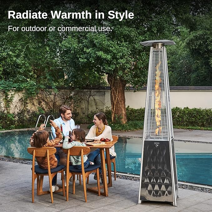EAST OAK Pyramid Patio Heater, 48,000 BTU Outdoor Patio Heater All Stainless Steel, Quartz Glass Tube Propane Heater, Triple Protection System, With Wheels, Outdoor Heater for Commercial & Residential