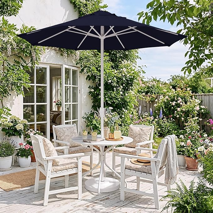 California Umbrella 8-Year Protection 7.5 Ft Outdoor Patio Umbrella, Solstice Fade-Resistant Fabric, Auto-Tilt, Heavy Duty Aluminum Frame, 8 Reinforced Ribs for Pool or Deck, White Pole, Navy Blue