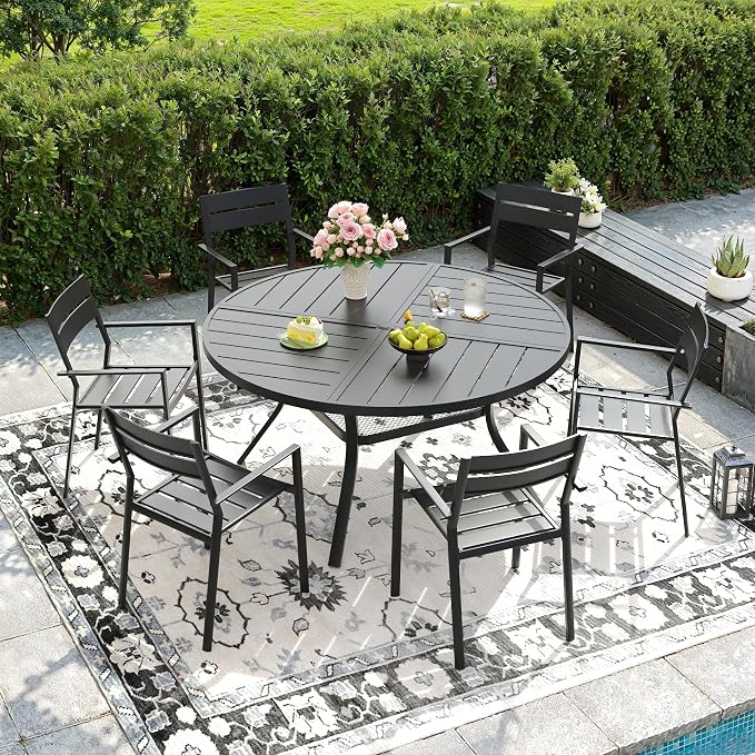 DIFY 7 Piece Outdoor Patio Dining Set for 6, 47.2" Round Dining Table with Umbrella Hole and Stackable Metal Chairs, Patio Table and Chairs Set for Backyard Garden Poolside, Black