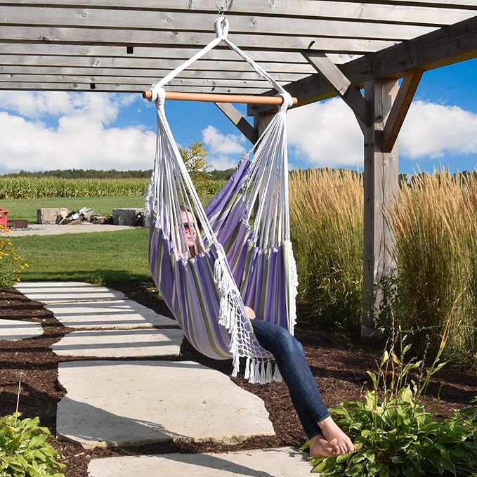 Vivere Cotton Hammock Chair with Hardwood Spreader Bar - 250 lb Capacity (Tranquility)