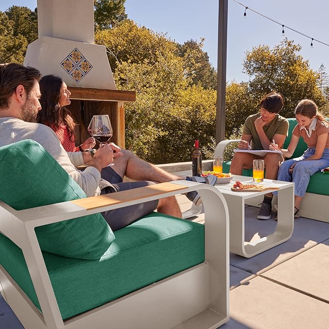 EAST OAK Signature 4 Pieces Patio Furniture Set, Aluminum Outdoor Furniture with Teak Wood Armrest, Sofa and Coffee Table Patio Set, Modern Patio Conversation Set for Porch, Champagne Gold & Green
