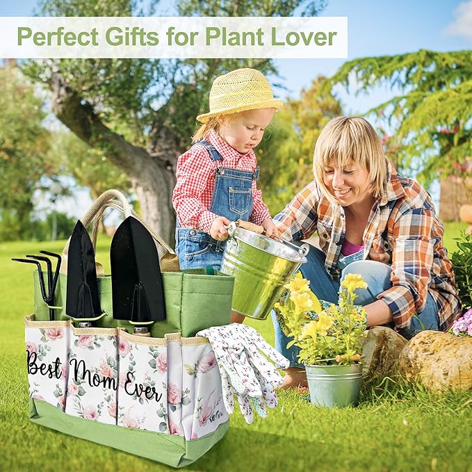 Gifts for Mom Mothers Day, Mom Birthday Gifts from Daughters Floral Gardening Tools and Durable Garden Tools Organizer Tote, Ideal Gardening Gift for Women Plant Lover Present