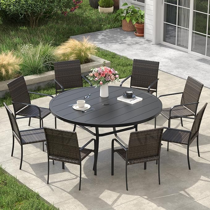 VICLLAX 9 Pieces Patio Dining Set, 8 Stakable Wicker Outdoor Chairs and 53" Patio Round Metal Table with Umbrella Hole for Backyard Lawn Deck, Black Tabletop