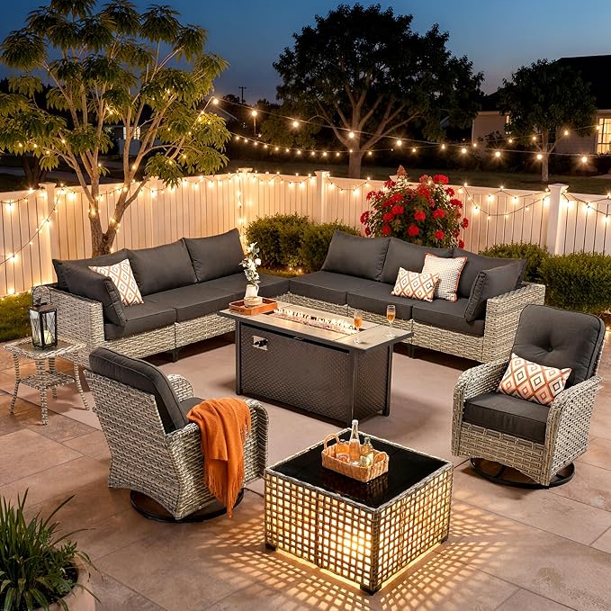 11 Piece Patio Furniture Set Outdoor Sectional with 54" Fire Pit Table, Wicker Swivel Rocking Chairs and L-Shaped Rattan Couch, Modular Conversation Set with Solar Coffee Table for Backyard, Black