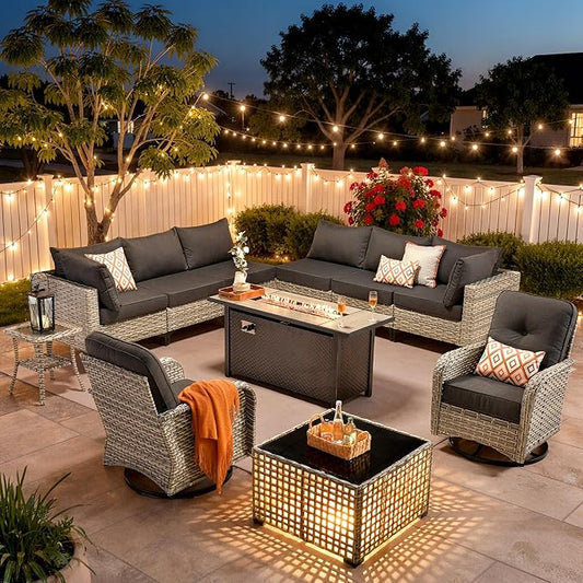 11 Piece Patio Furniture Set Outdoor Sectional with 54" Fire Pit Table, Wicker Swivel Rocking Chairs and L-Shaped Rattan Couch, Modular Conversation Set with Solar Coffee Table for Backyard, Black