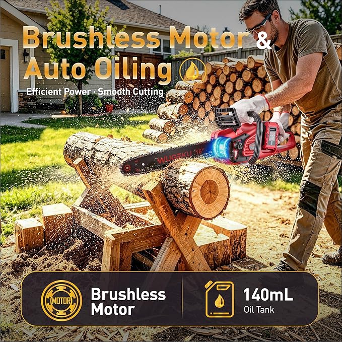 40V 16 Inch Cordless Chainsaw, 69ft/s, Brushless Electric Chain Saw, 2×4.0Ah Batteries & Charger, Auto Oiler, Safety Lock, Gloves & Goggles, Limb Pruning/Yard Cleanup/Firewood Cutting