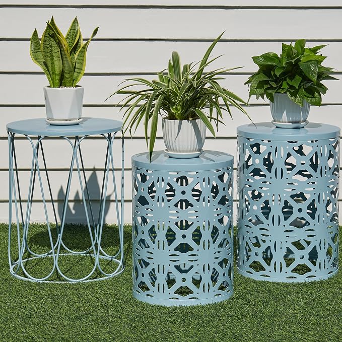 Y&M Set of 3 Metal Round Patio Side Tables, Multifunctional Coffee Table End Table for Indoor & Outdoor Garden Stool Modern Design - Blue