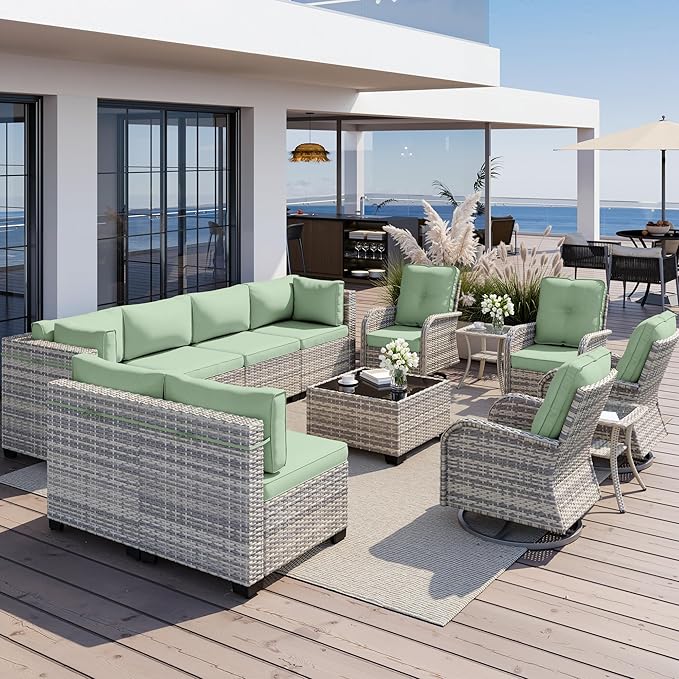 13-Piece Outdoor Patio Furniture Set with Rocking Swivel Chair, Wicker Rattan Sectional Sofa Conversation Set with Tempered Glass Table, Backyard Furniture, Light Green