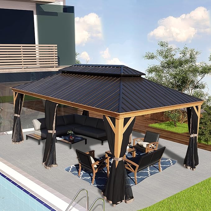 Kozyard Apollo 12’x20’ Hardtop Gazebo, Wooden Coated Aluminum Frame Canopy with Galvanized Steel Double Roof, Outdoor Permanent Metal Pavilion with Netting for Patio, Lawn