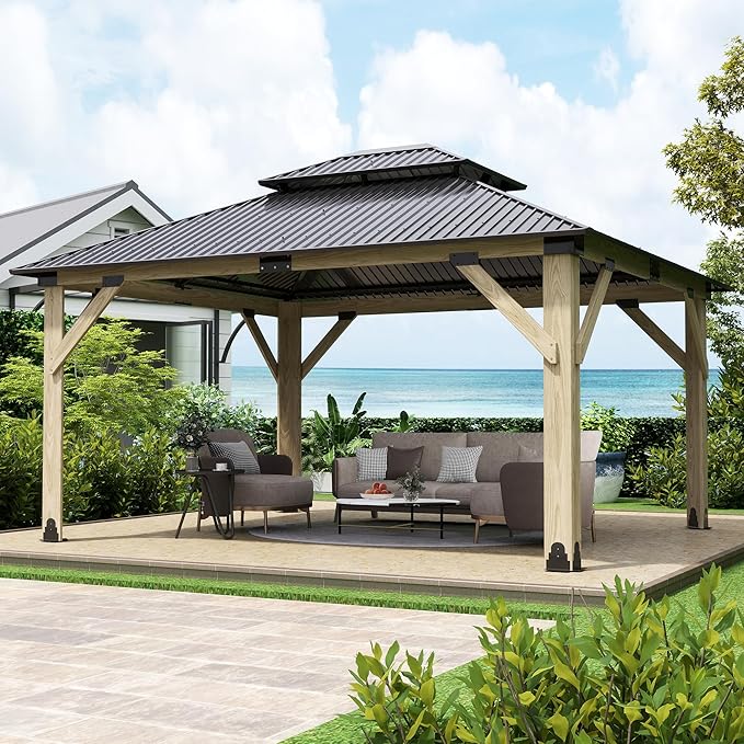 13x15 FT Wood Gazebo,Outdoor Wooden Hardtop Gazebo with Galvanized Steel Doule Roof,Cedar Wood Frame Gazebos Patio Backyard