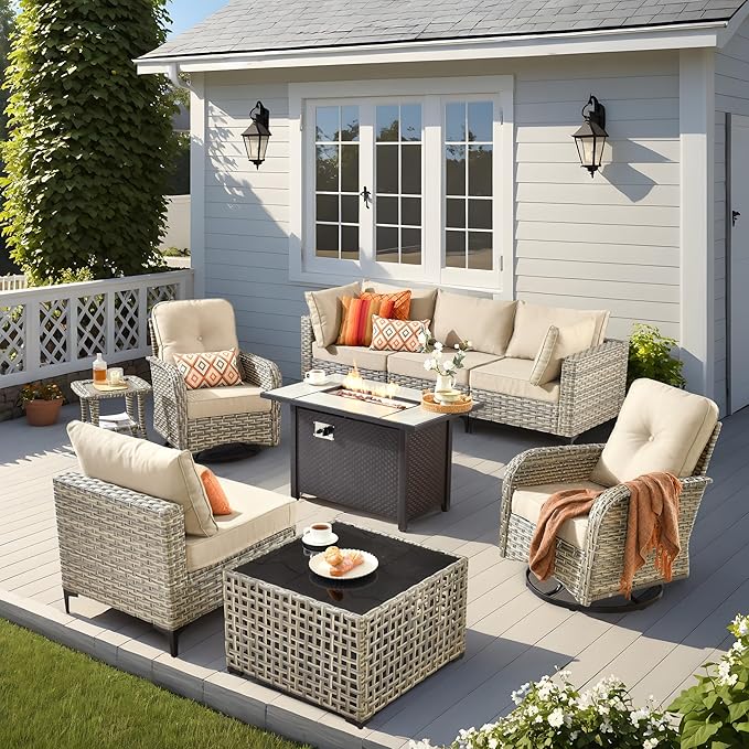 Outdoor Patio Furniture Sets,9 PCS Patio Conversation Set Outside Rattan Sectional Sofa with 42 in Fire Pit Table Wicker Rocking Chair Coffee Table Fit Backyard Porch Garden Poolside Balcony