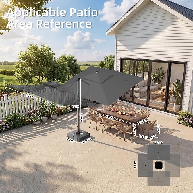 10' X 13' Patio Umbrella with Weighted Base and LED Lights Outdoor Cantilever Large Rectangle Offset Umbrellas Heavy Duty Aluminum Double Top with 360-degree Rotation for Pool Garden Deck, Grey
