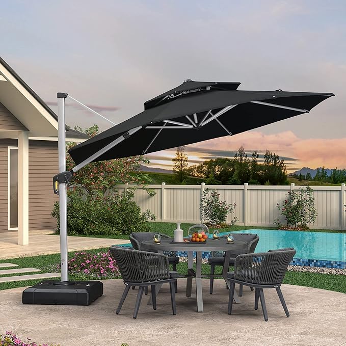 PURPLE LEAF 11 FT Cantilever Patio Umbrellas with Base Included, Large Round Offset Umbrella with 360° Rotation, Outdoor Aluminum Pool Umbrella for Pool Lawn Garden, Black