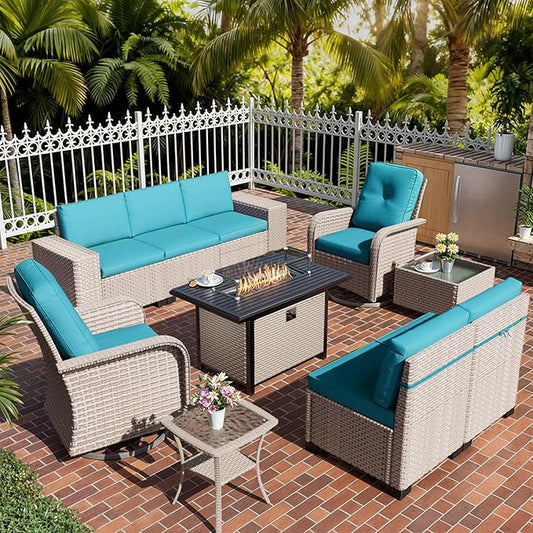 10 Pieces Patio Furniture Set with Fire Pit Table, Outdoor Sectional Wicker Sofa with Thick Cushions, High Back Swivel Rocker Patio Chairs, Rattan Conversation Set with Coffee Table, Cyan