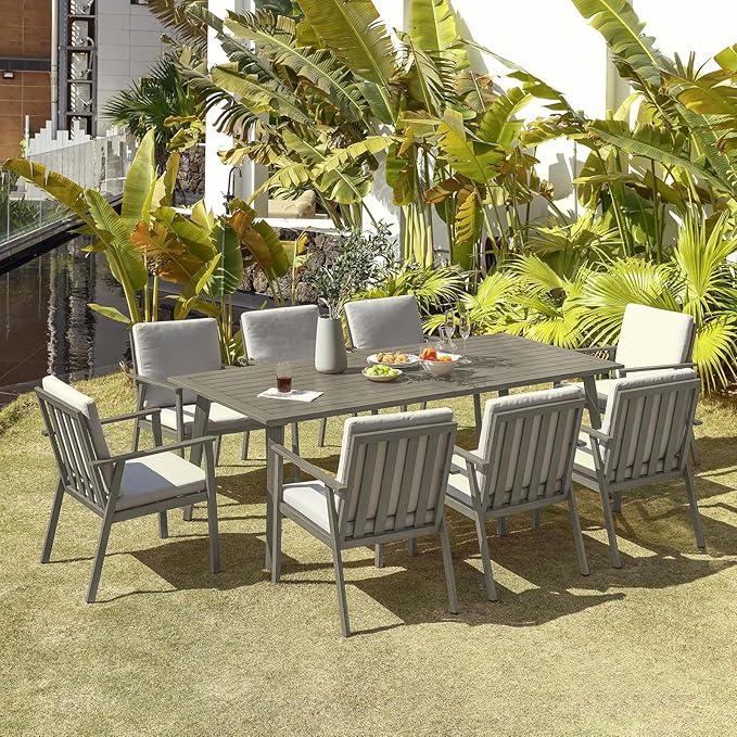 9 Pieces Outdoor Dining Set, Never-Rust Aluminum Patio Furniture Set with Umbrella Hole, All-Weather Outdoor Patio Dining Set for 8, Patio Table and Chair Set for Decks, Pool, Lawn, Limed Oak