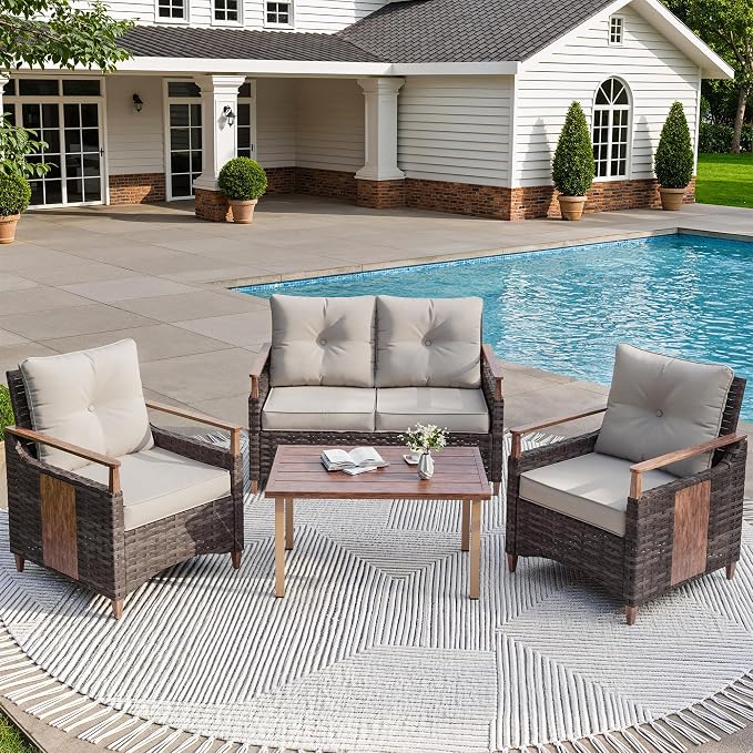 Nestnook 4 Pieces Patio Furniture Set, Outdoor Conversation Set with All-Weather Handwoven PE Wicker Sofa, Rattan Chairs and Thick Cushion, Loveseat & Coffee Table for Backyard, Deck & Poolside, Beige