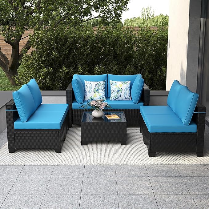 7 Pieces Patio Furniture Set, Outdoor Sectional Rattan Sofa Set, Wicker Patio Conversation Set with Cushions and Glass Coffee Table, for Balcony, Porch, Garden, Coffee and Peacock Blue