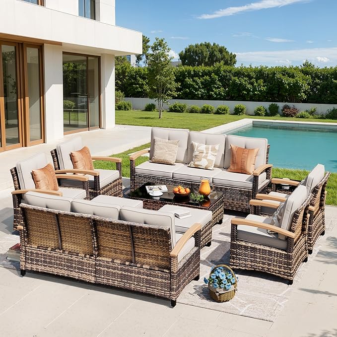 MEISSALIVVE 10 Pieces Outdoor Patio Furniture Sets, Wicker Patio Conversation Sets with 2 Wood Armrests Swivel Glide Chairs,2 Single Chairs, Outdoor Couch and Coffee Table(Beige)