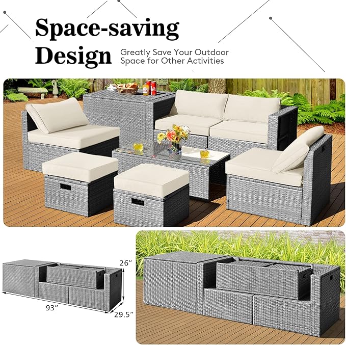 DORTALA 8 Pieces Patio Furniture Set, PE Rattan Sectional Sofa Set with Tempered Glass Table & Waterproof Cushions, Outdoor Wicker Conversation Set for Balcony, Poolside, Off White
