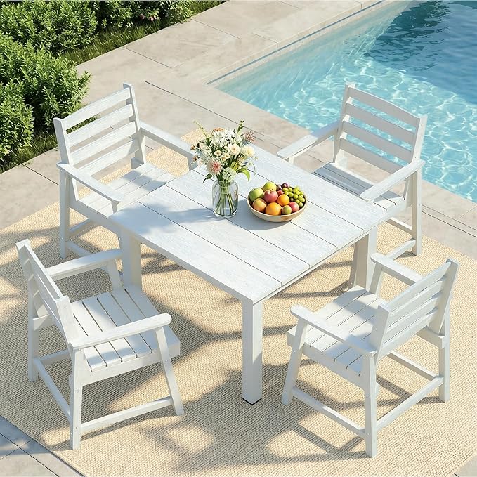 LOUNZY 5-Piece HDPE Patio Dining Set - Outdoor Square Table with 2" Hole Cut-Out & 4 Chairs,White
