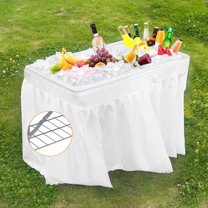 Allpop 4 Foot Folding Ice Cooler Table with Matching Skirt, Portable Patio Table with Grid Rack & Drain Hose for Party Bar Picnic BBQ Camping Wedding, White