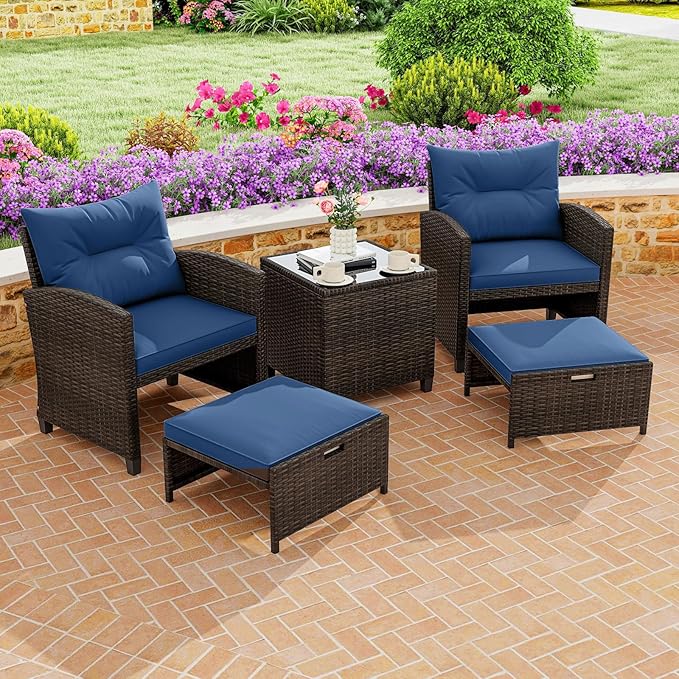 ORALNER 5 Pieces Patio Furniture Set with Ottoman, Wicker Conversation Set w/Cushions, Glass Coffee Table, Outdoor Rattan Lounger Chairs Bistro Set for Porch Balcony Garden Deck Poolside (Navy)