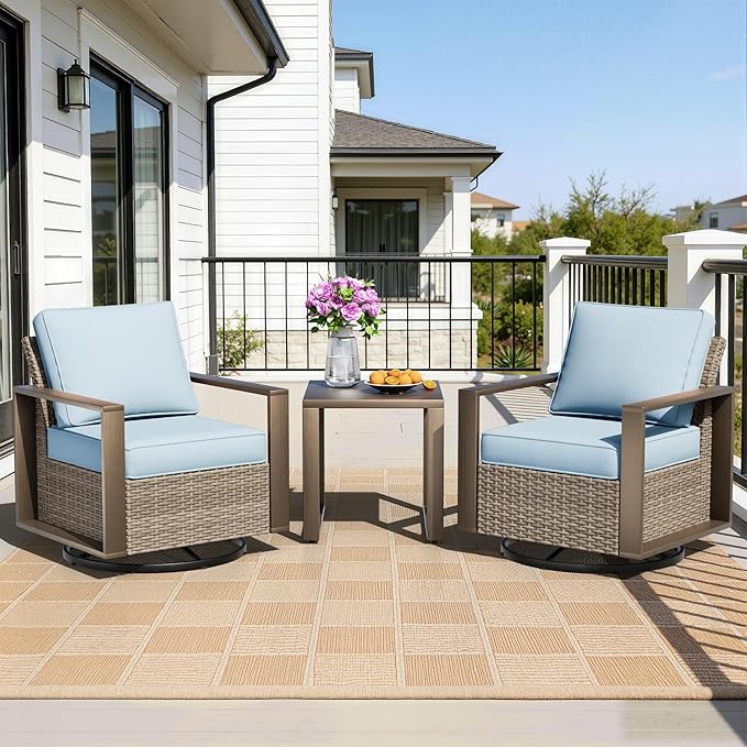Outdoor Swivel Rocker Metal Chairs Set of 2 with Small Coffee Table - 3 Pieces Patio Bistro Set with Rectangular Framed Wood-Looking Metal Armrest, 360 Degree Glider Chairs, Baby Blue