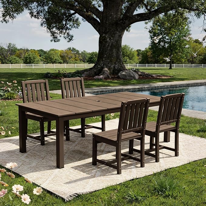 AreShark 5-Piece Outdoor Dining Set,HDPE Patio Table with 4 Armless Chairs,All-Weather Patio Furniture Set with Umbrella Hole,Low Maintenance Wood Grain Dining Set for Backyard,Garden,Poolside,White