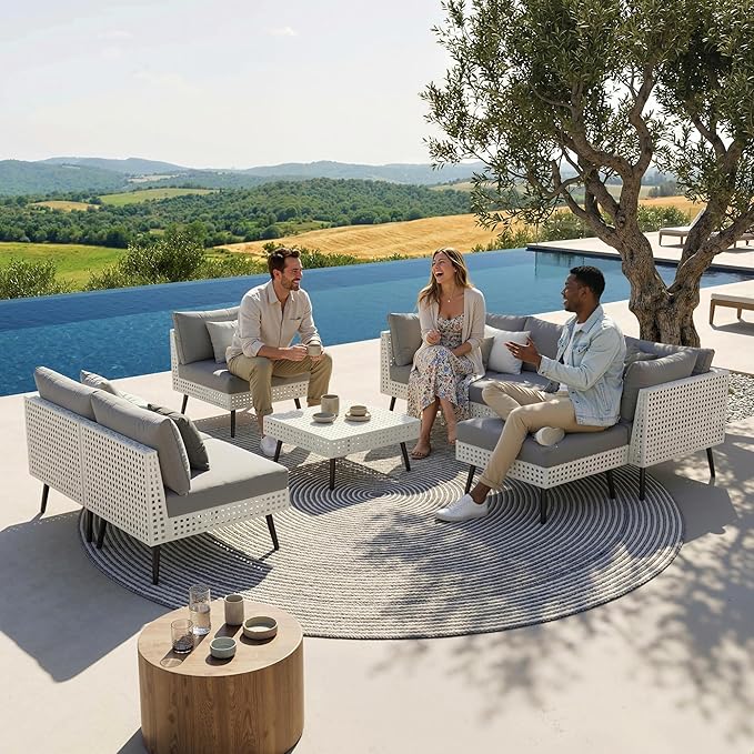 8 Piece Patio Furniture Sets, Modular Patio Sectional Conversation Sets with Upgraded Cationic Fabric Cushions & Outdoor All-Weather Handwoven Open Weave Wicker for Garden, Poolside, Backyard