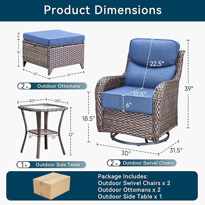 Luxury 5 Pieces Patio Furniture Set-Outdoor Swivel Rocker Patio Chairs with 6" Thick Cushions, Swivel Rocker Chairs with Ottomans & Side Table, Outdoor Conversation Sets for Porch Deck(Brown/Blue)