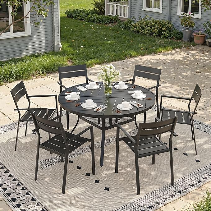 47.2" Outdoor Dining Table with Adjustable Umbrella Hole, Metal Slatted Round Patio Dining Table for Backyard Garden Deck, Black