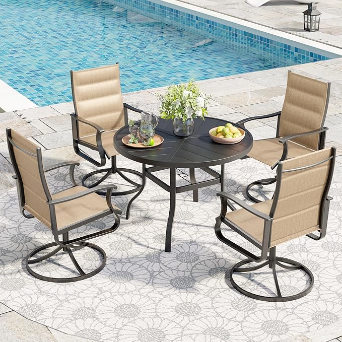 UDPATIO 5 Piece Outdoor Patio Table and Chairs Set, 39" Round Table with Umbrella Hole & 4 Outdoor Swivel Chairs, Patio Table with Chairs, Outdoor Patio Dining Set for Lawn, Deck, Yard