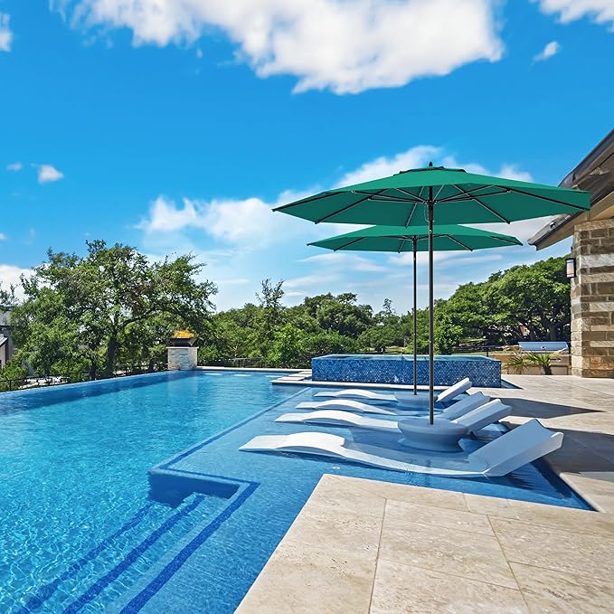 Midtown Umbrellas The Wooden 8 Feet Patio Umbrella With Sunbrella Canvas Teal Acrylic Fabric - Aluminum Frame Market Umbrella For Backyard, Deck, Garden, Pool - Wooden Pole