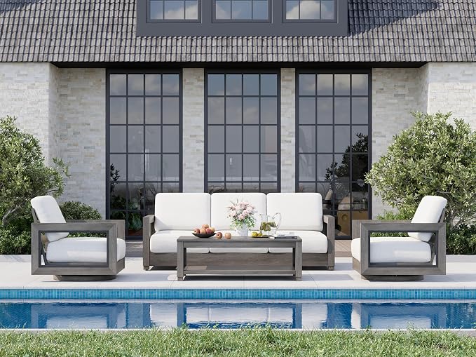 HAPPATIO Oversized Aluminum Patio Sofa 3 Seat, Outdoor Sectional Furniture with Thicken Cushions, Deep Seating and Widen Armrest, All-Weather Outdoor 3-seat Sofa for Backyard Poolside, Grey
