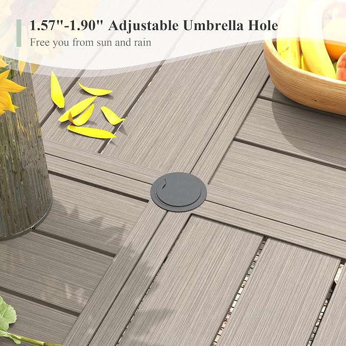Outdoor Dining Set for 8, 63.1" Metal Round Outdoor Dining Table with Umbrella Hole and Sling Patio Swivel Chairs, 9 Pieces Patio Table and Chairs Set for Garden Backyard, Grey