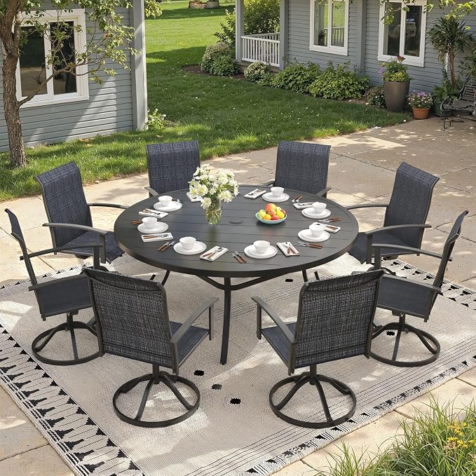 9 Pieces Round Patio Dining Set, Outdoor Furniture of 60" Round Patio Table and Patio Swivel Chairs for Backyard Lawn Garden, Black Table and Black Chairs