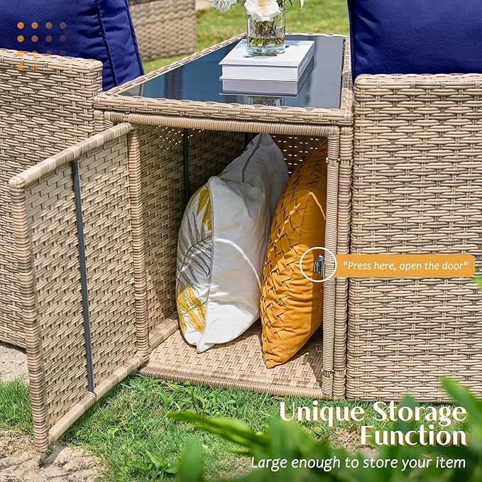PaPaJet 11-Piece Patio Furniture Set, Half-Moon Outdoor Wicker Sectional Sofa with Large Storage Wedge Table, All-Weather Wicker Conversation Set for Backyard, Garden, or Deck, Blue